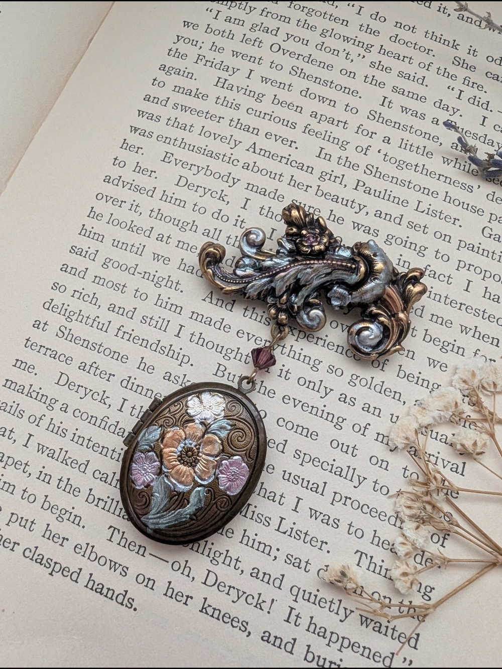 Floral Painted Locket Pendant with Ornate Art Nouveau Style Brooch